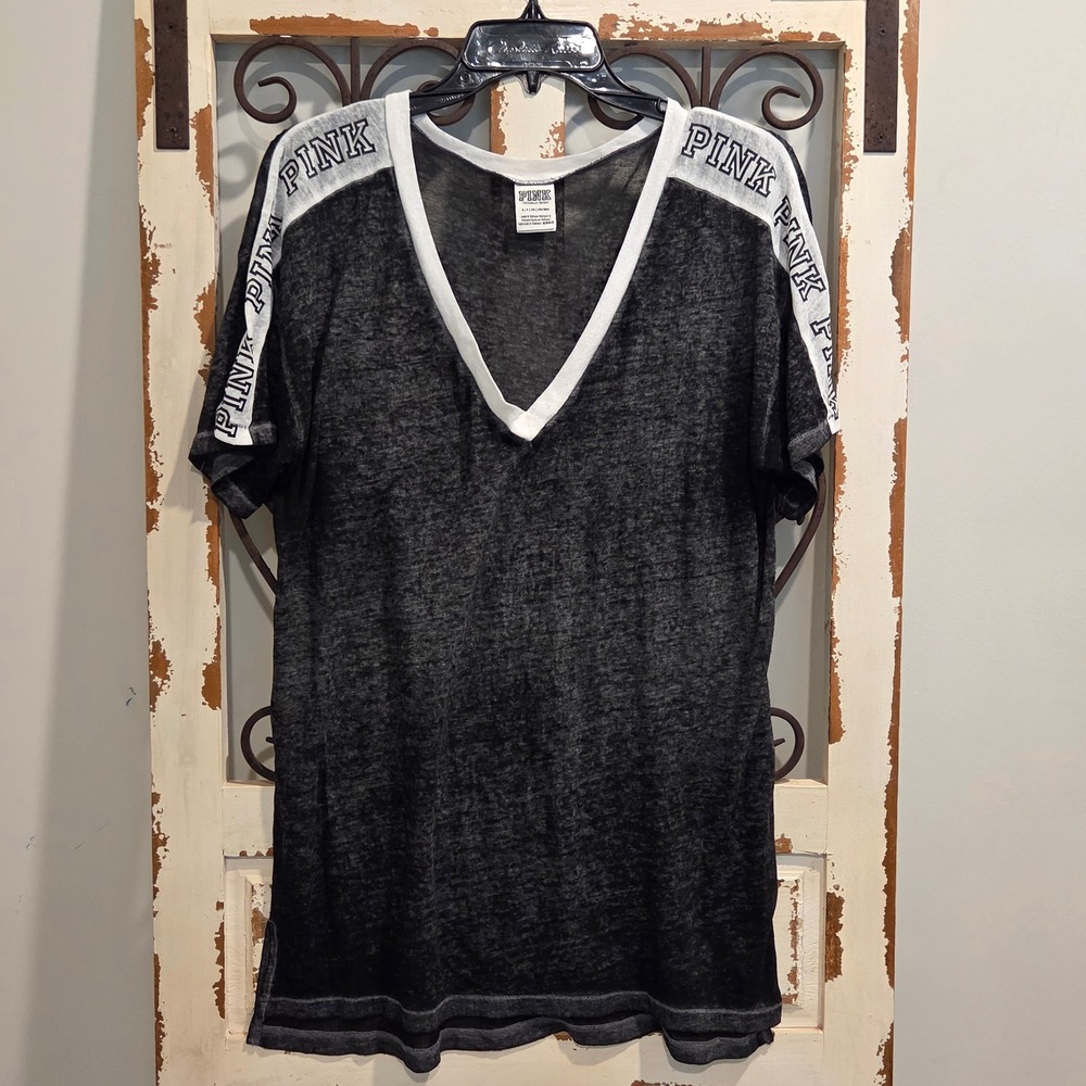 PINK Victoria's Secret Gray Burnout V-Neck T-Shirt Tunic Logo Shoulder Tape S